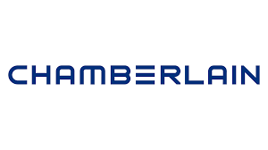 The chamberlain logo is blue and white on a white background.