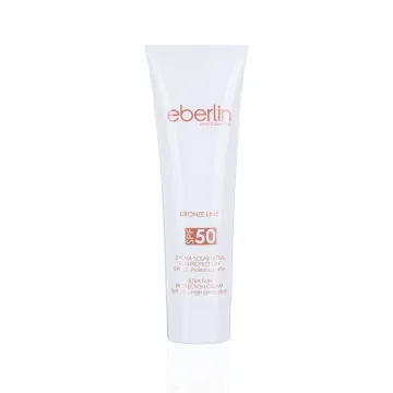 Un tubo de protector solar eberlin con spf 50 sobre un fondo blanco.