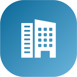 White buildings icon on a blue background.