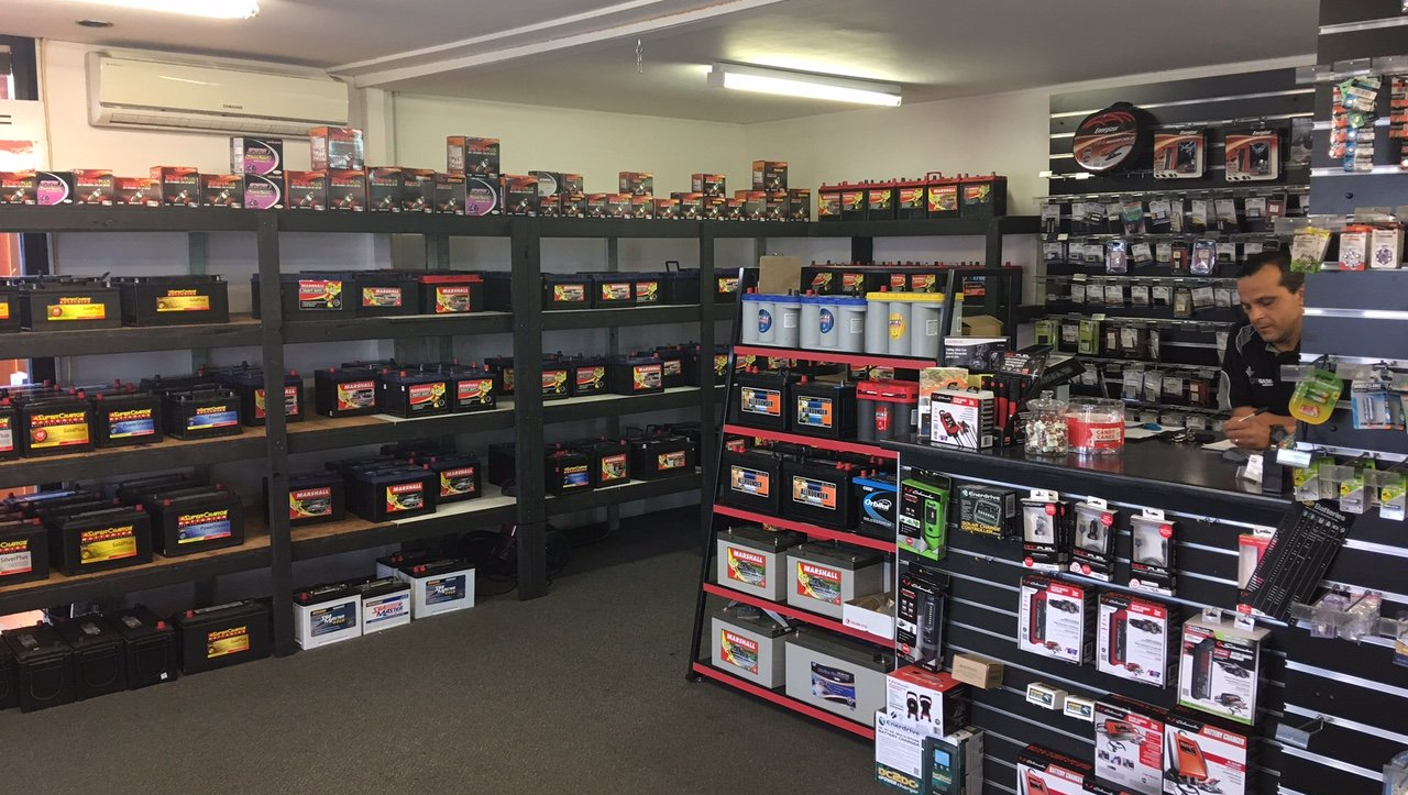 Batteries and parts display at Batteries Galore