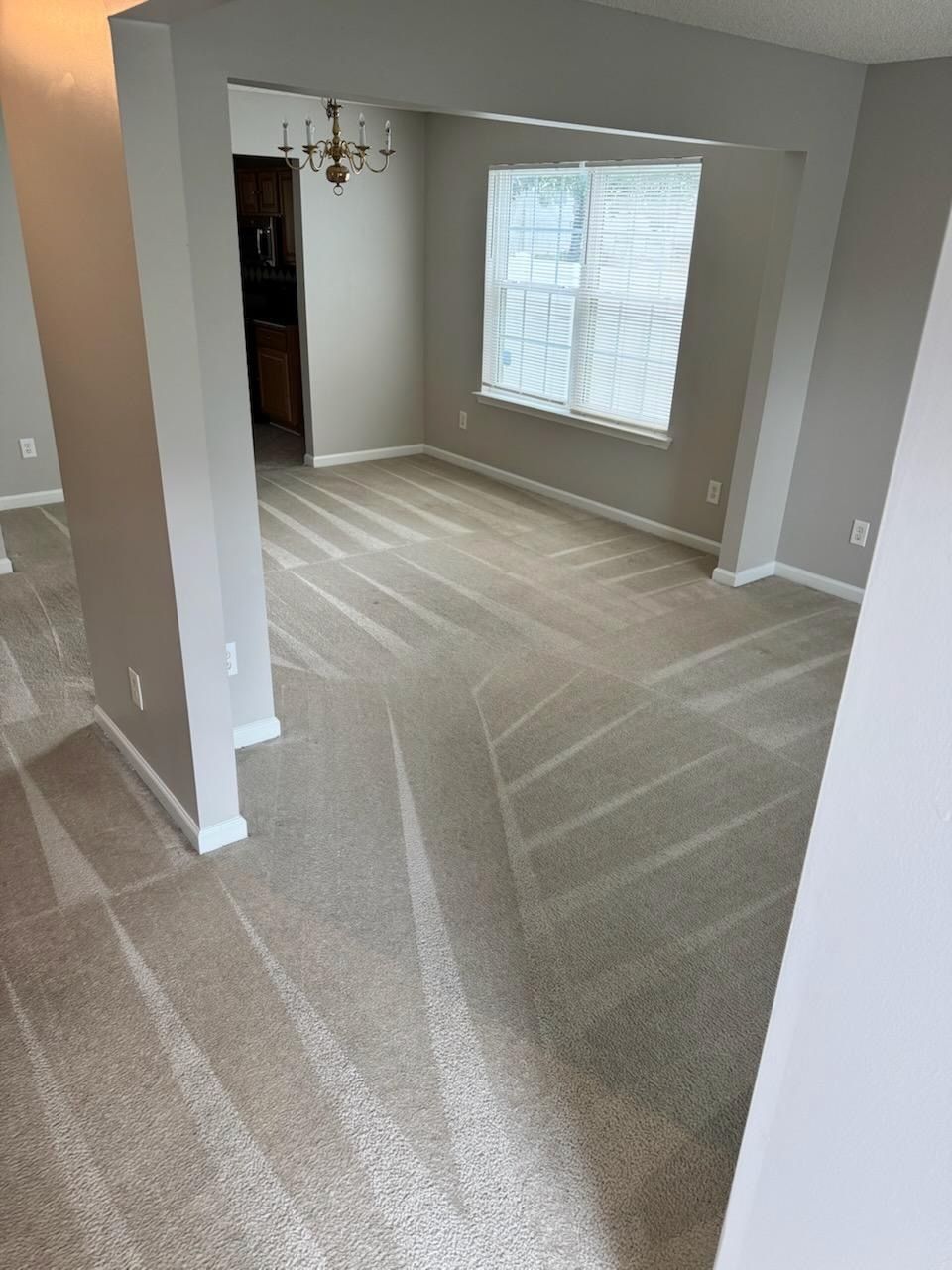 A living room with a carpeted floor and a window.