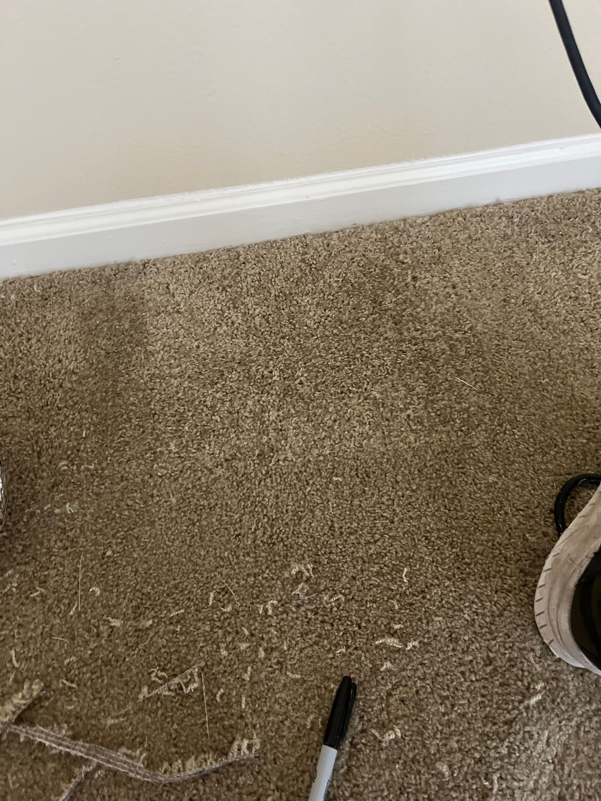 A vacuum cleaner is sitting on a carpet next to a marker.