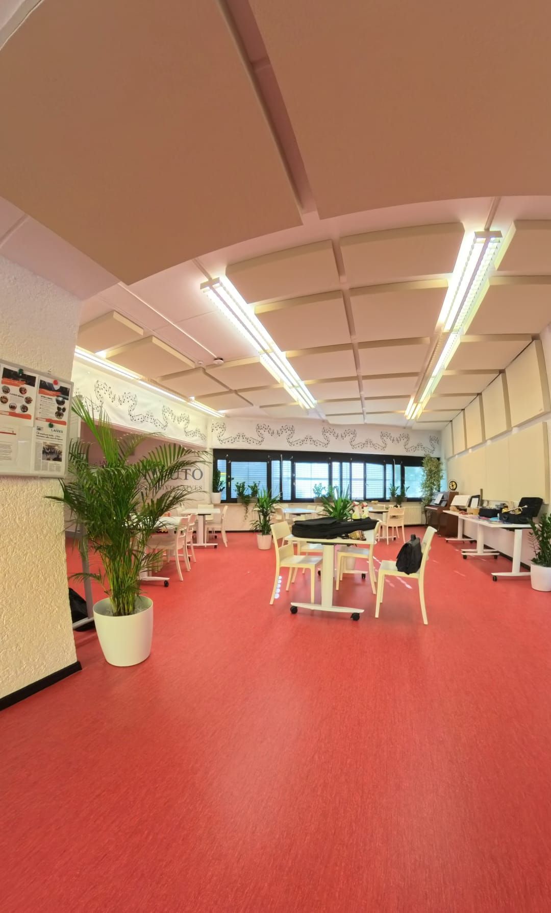 Ufficio con pavimento rosso, tavoli, sedie, piante e lunghe lampade a soffitto.