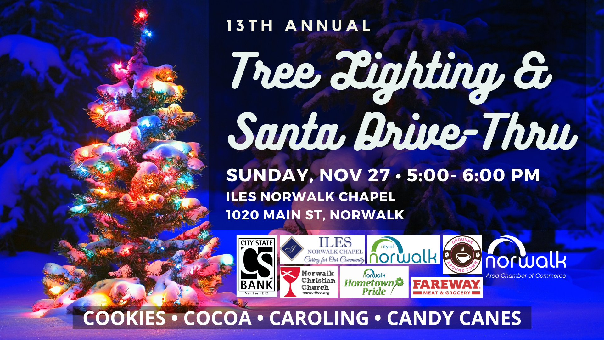 A poster for the 15th annual tree lighting and santa drive thru