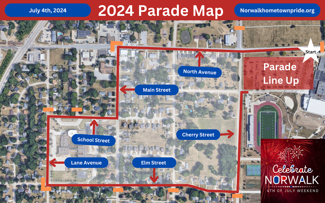 An aerial view of the 2024 parade map