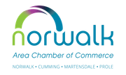 The logo for norwalk area chamber of commerce is blue and green.