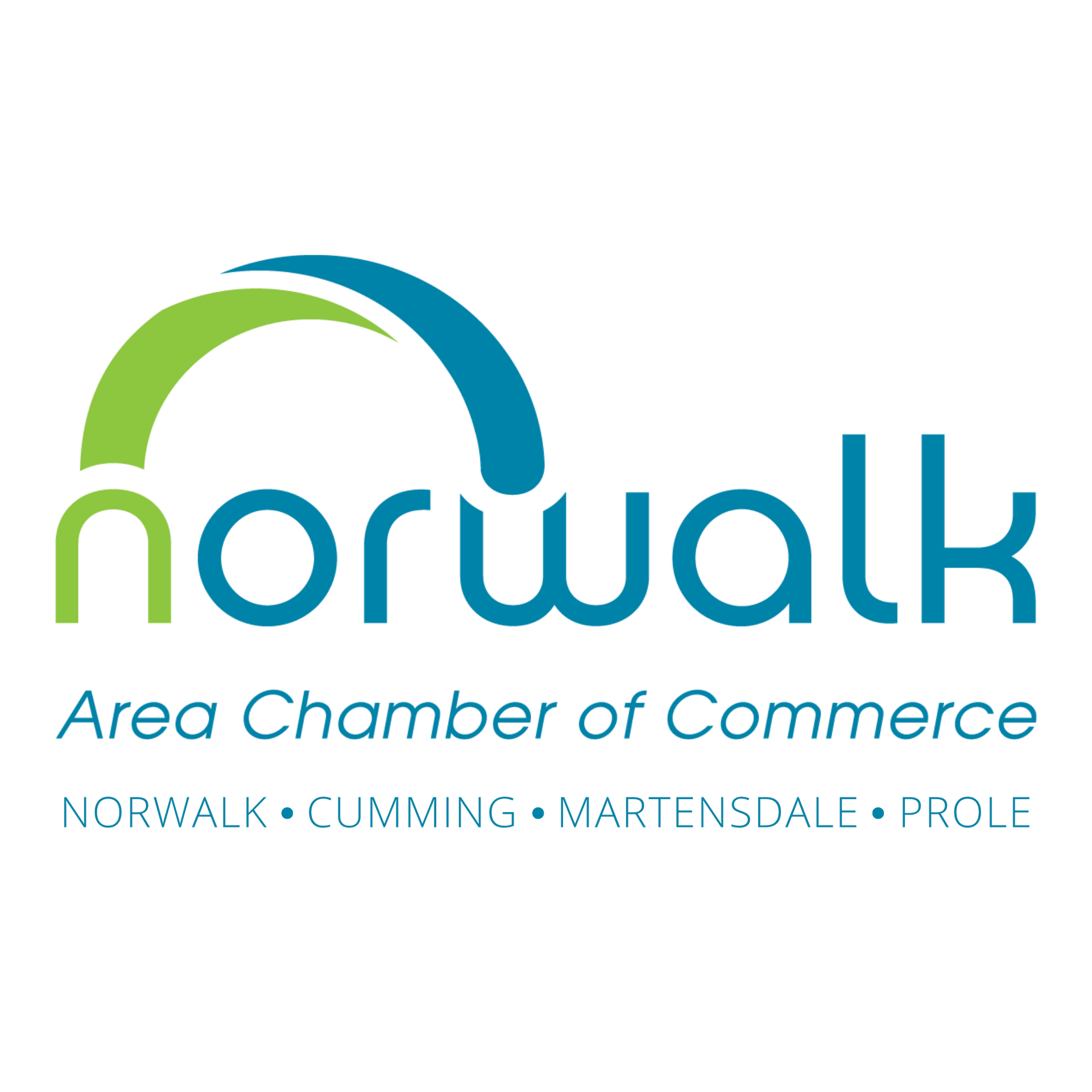 The logo for norwalk area chamber of commerce is blue and green.