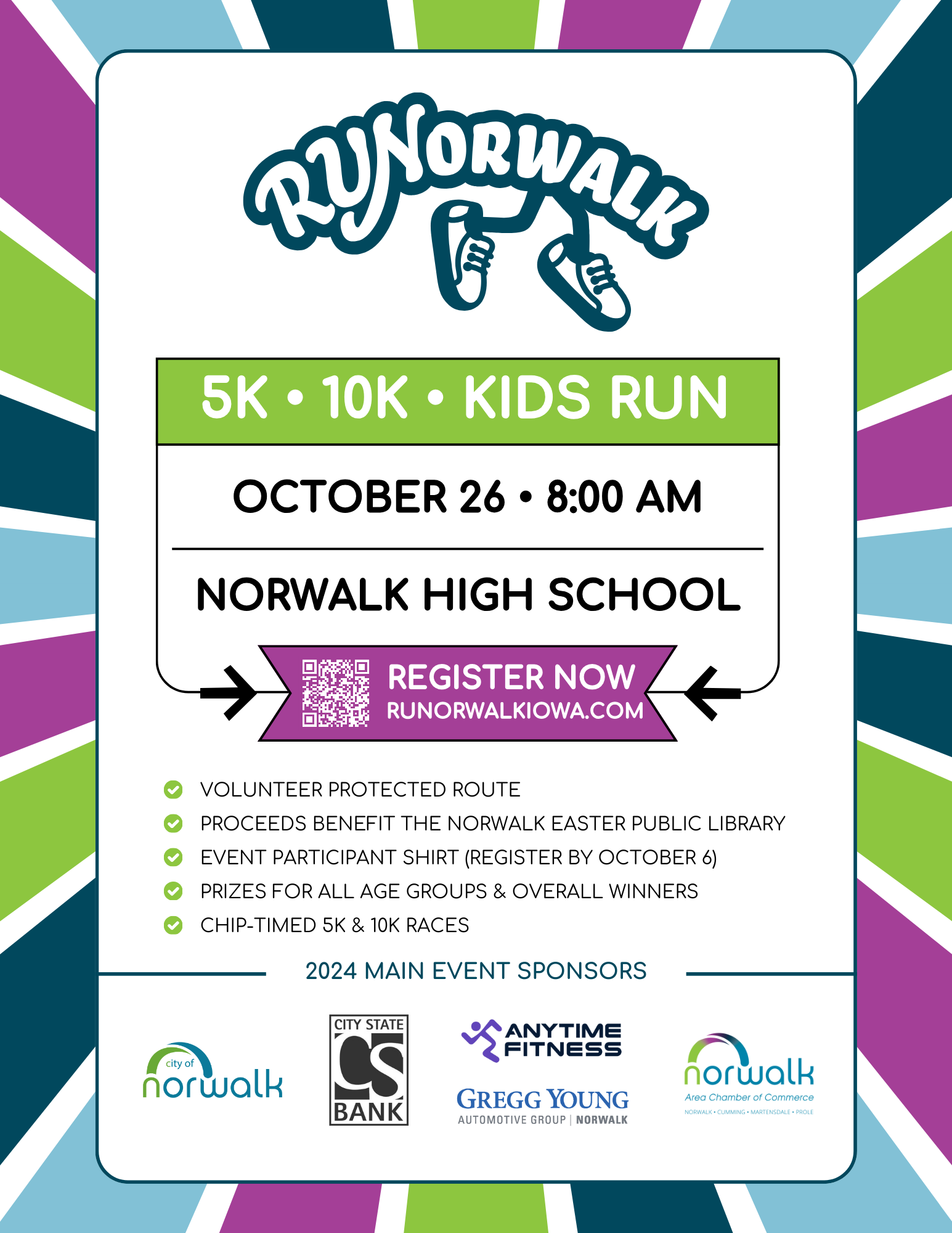 A poster for a 5k , 10k , kids run at norwalk high school.