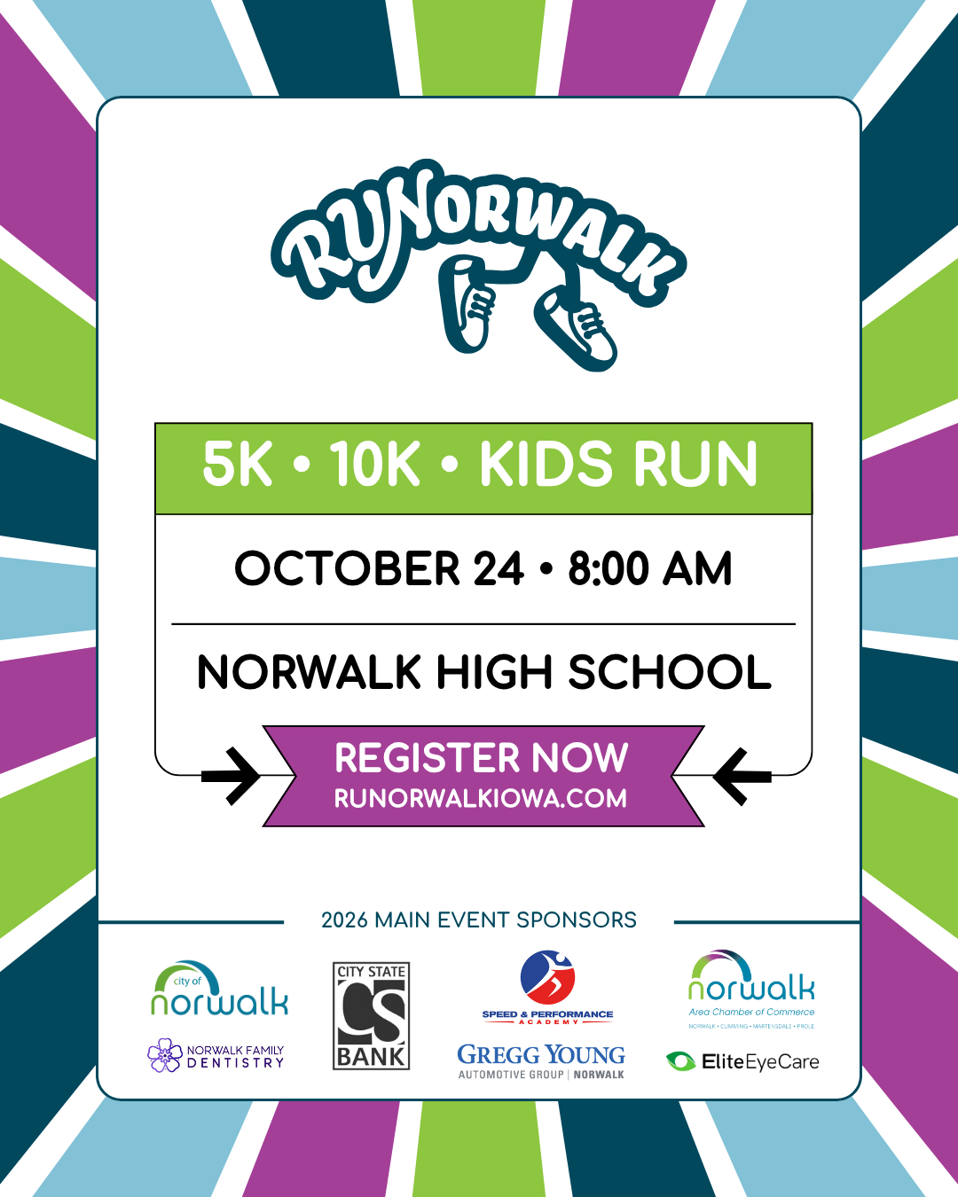 A poster for a 5k , 10k , kids run at norwalk high school.