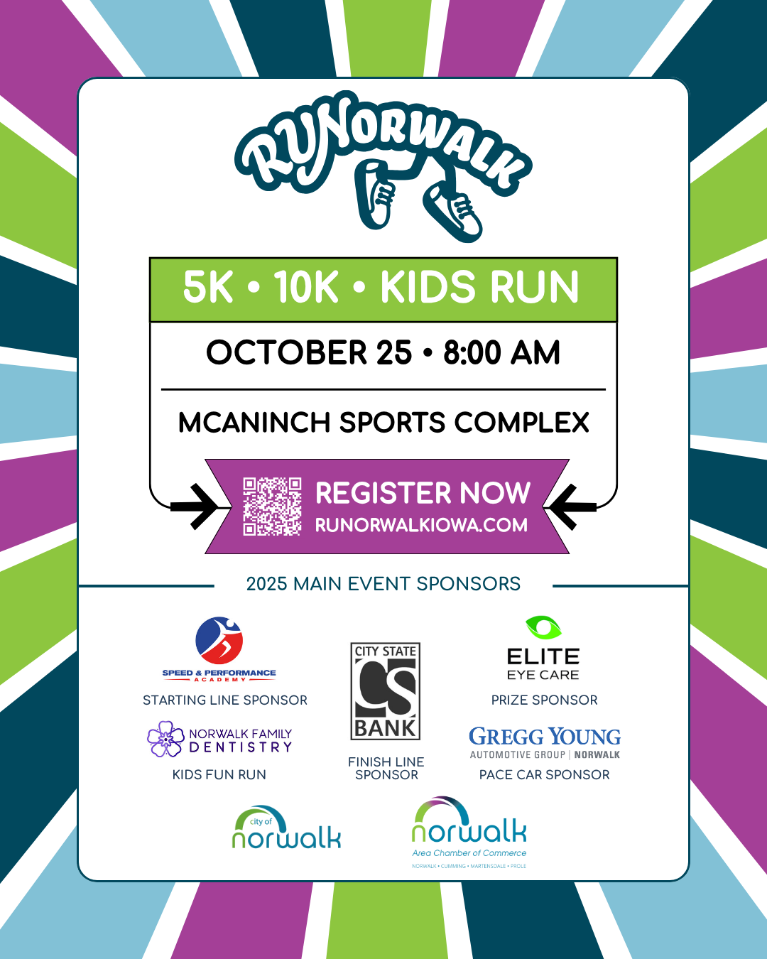 A poster for a 5k , 10k , kids run at norwalk high school.