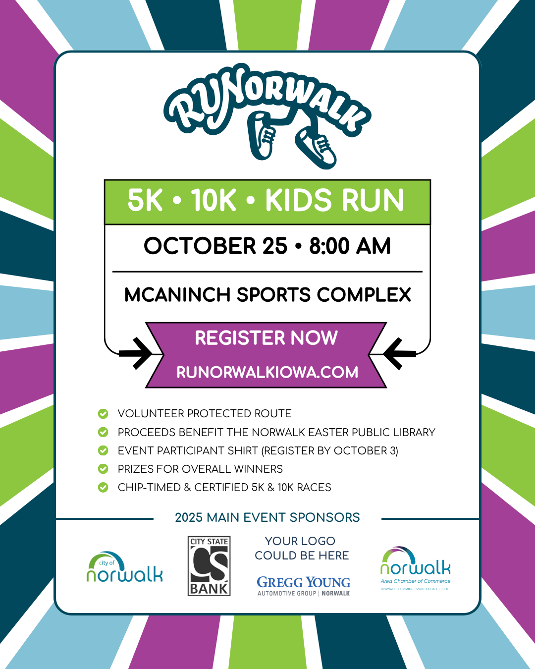 A poster for a 5k , 10k , kids run at norwalk high school.