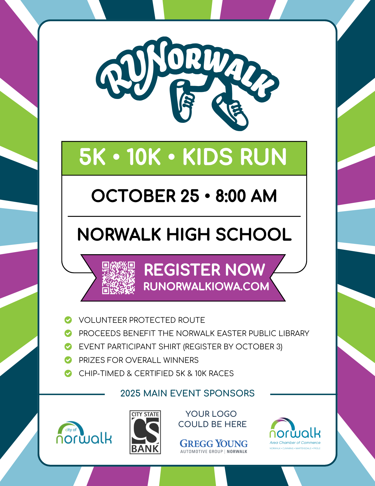 A poster for a 5k , 10k , kids run at norwalk high school.