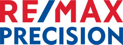 A red , white and blue re / max precision logo on a white background.