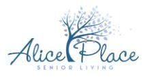 The logo for alice place senior living shows a tree with leaves blowing in the wind.