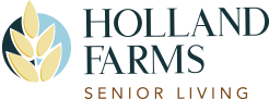 The logo for holland farms senior living shows a wheat ear in a circle.