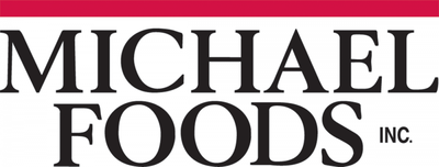 The logo for michael foods inc. is black and red.