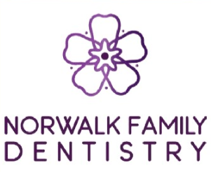 A logo for norwalk family dentistry with a purple flower