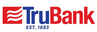 The logo for trubank is red , white and blue.