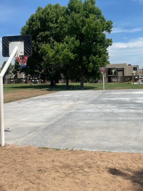 a basketball court with a basketball hoop and a tree in the background .