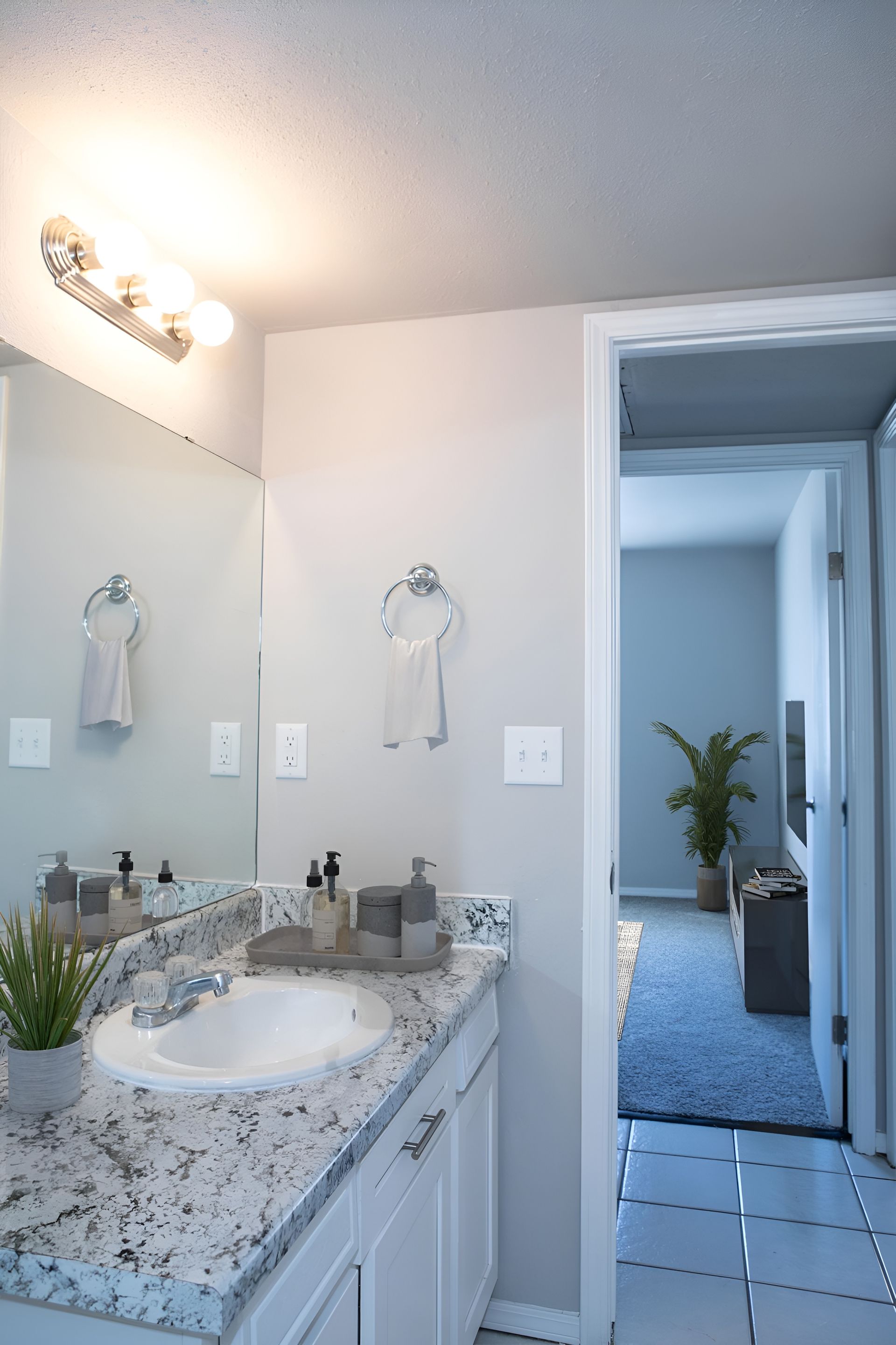 a bathroom with a sink and a large mirror