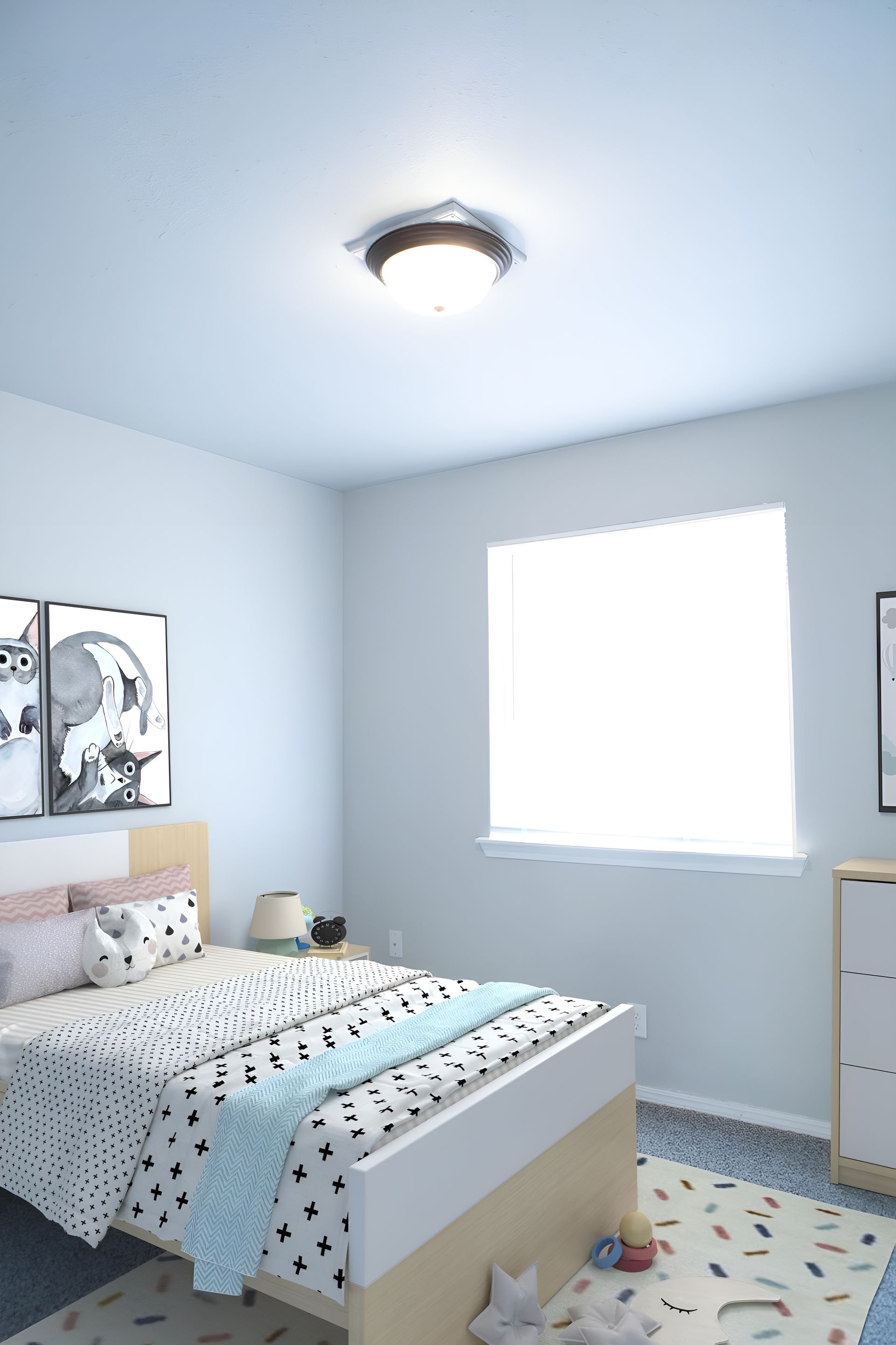 a bedroom with a bed and two pictures on the wall