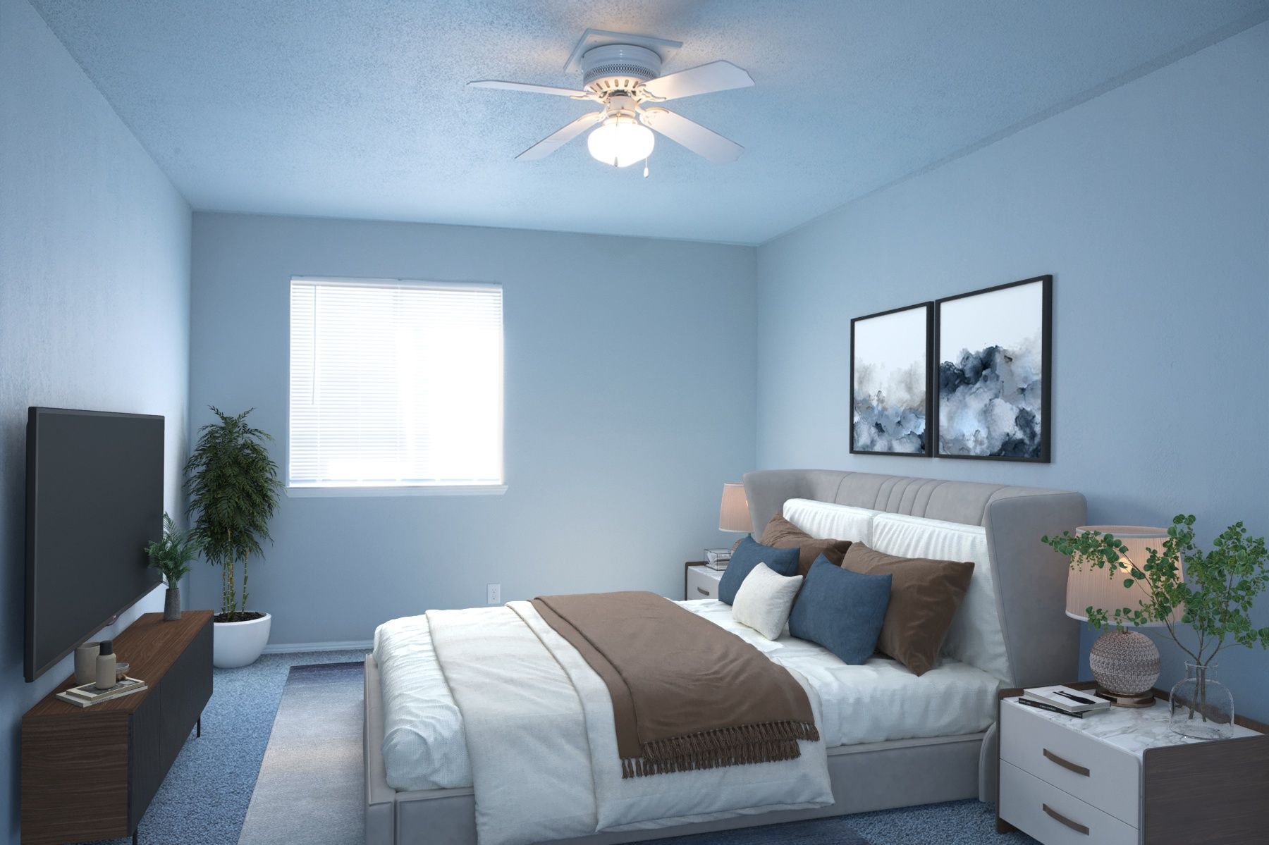 a bedroom with blue walls and a ceiling fan
