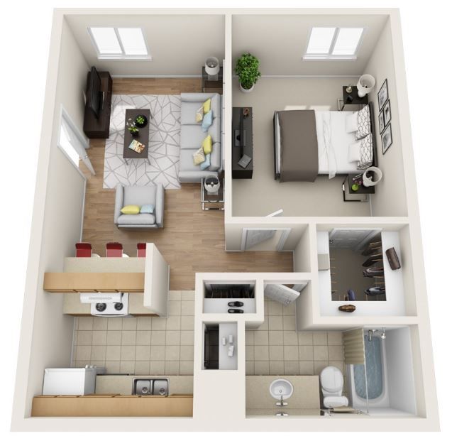 a 3d floor plan of a small apartment