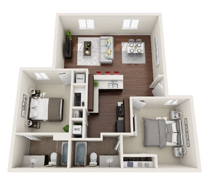 a 3d floor plan of a house with two bedrooms and a bathroom