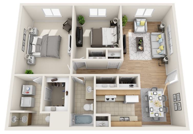 a 3d floor plan of a house with a bedroom , living room , and dining room .