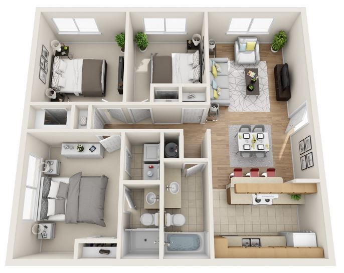 a 3d floor plan of a house with three bedrooms and a bathroom .