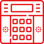 A red and white icon of a calculator on a white background.