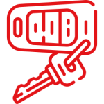 A red line icon of a hand holding a car key.