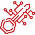 A red icon of a circuit board with a hexagon in the middle.