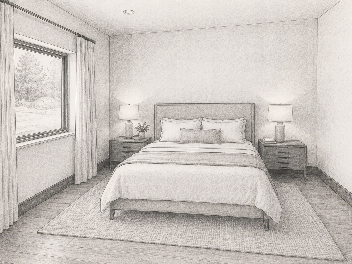 Bright bedroom with a neatly made bed, two bedside lamps, and a large window with curtains.