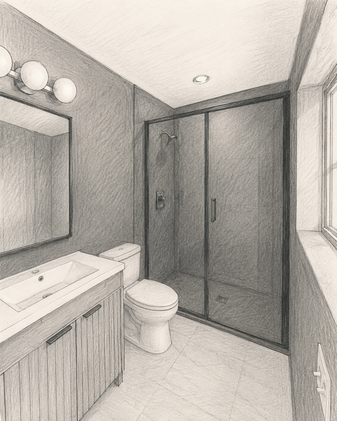 Modern bathroom with vanity, mirror lights, toilet, and glass shower in gray tones