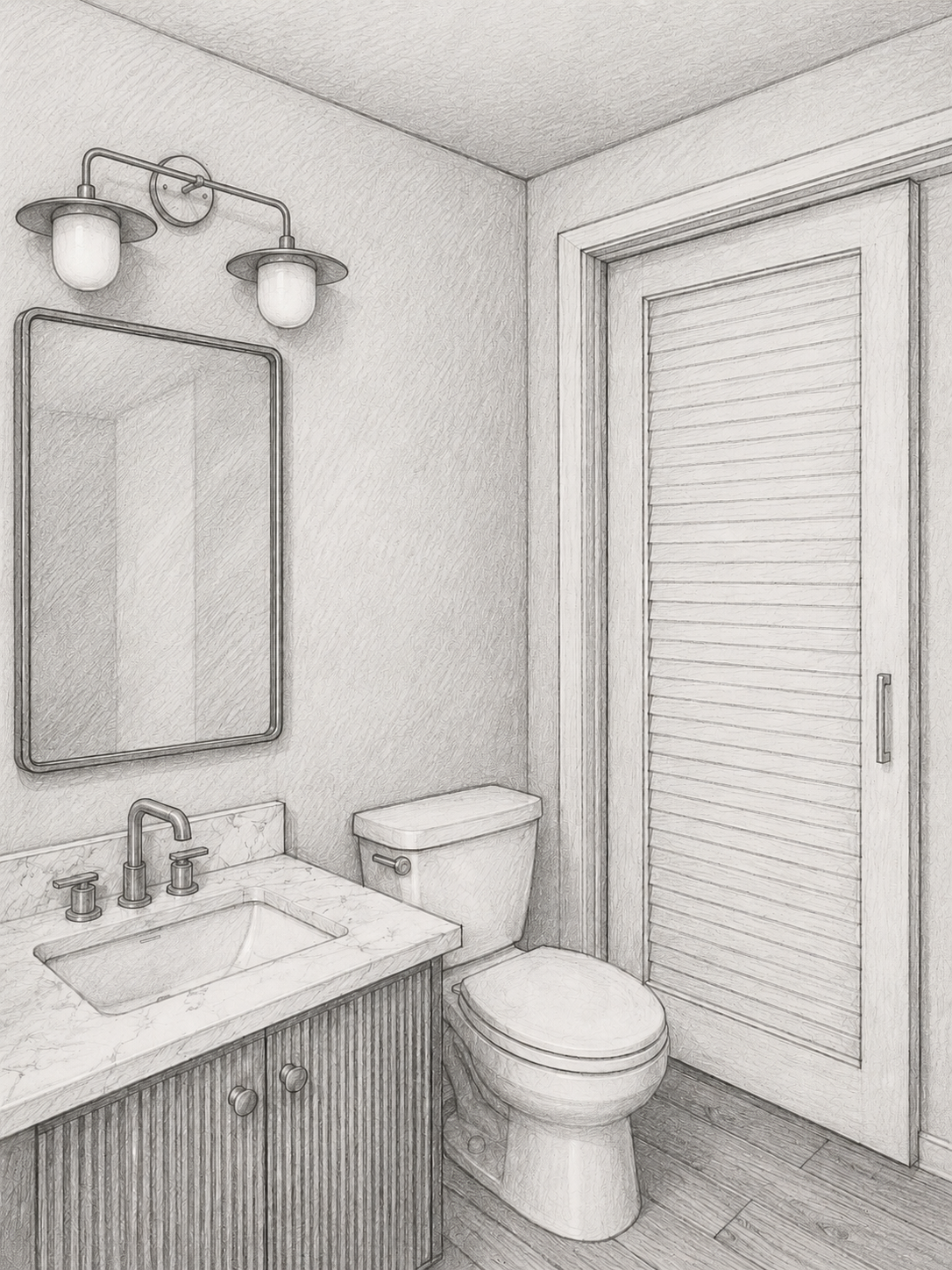 Small bathroom with a vanity, mirror, toilet, and louvered door in pencil sketch style