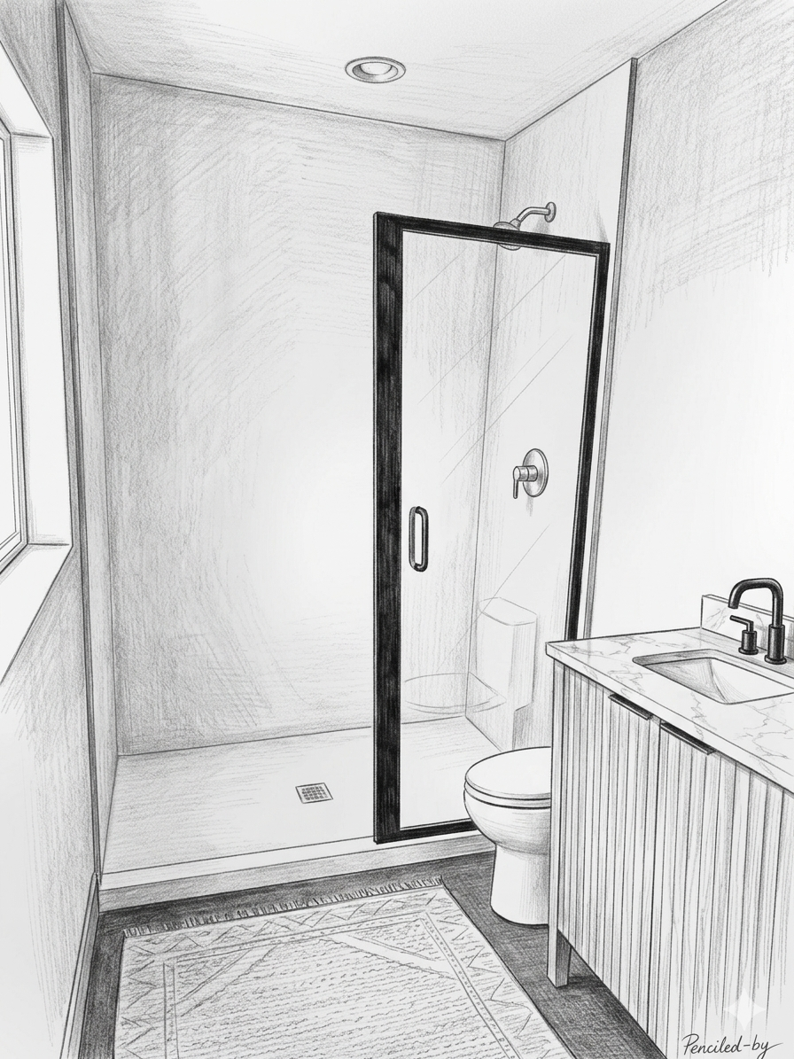 Sketch of a small bathroom with a shower door, toilet, sink, and tiled floor.