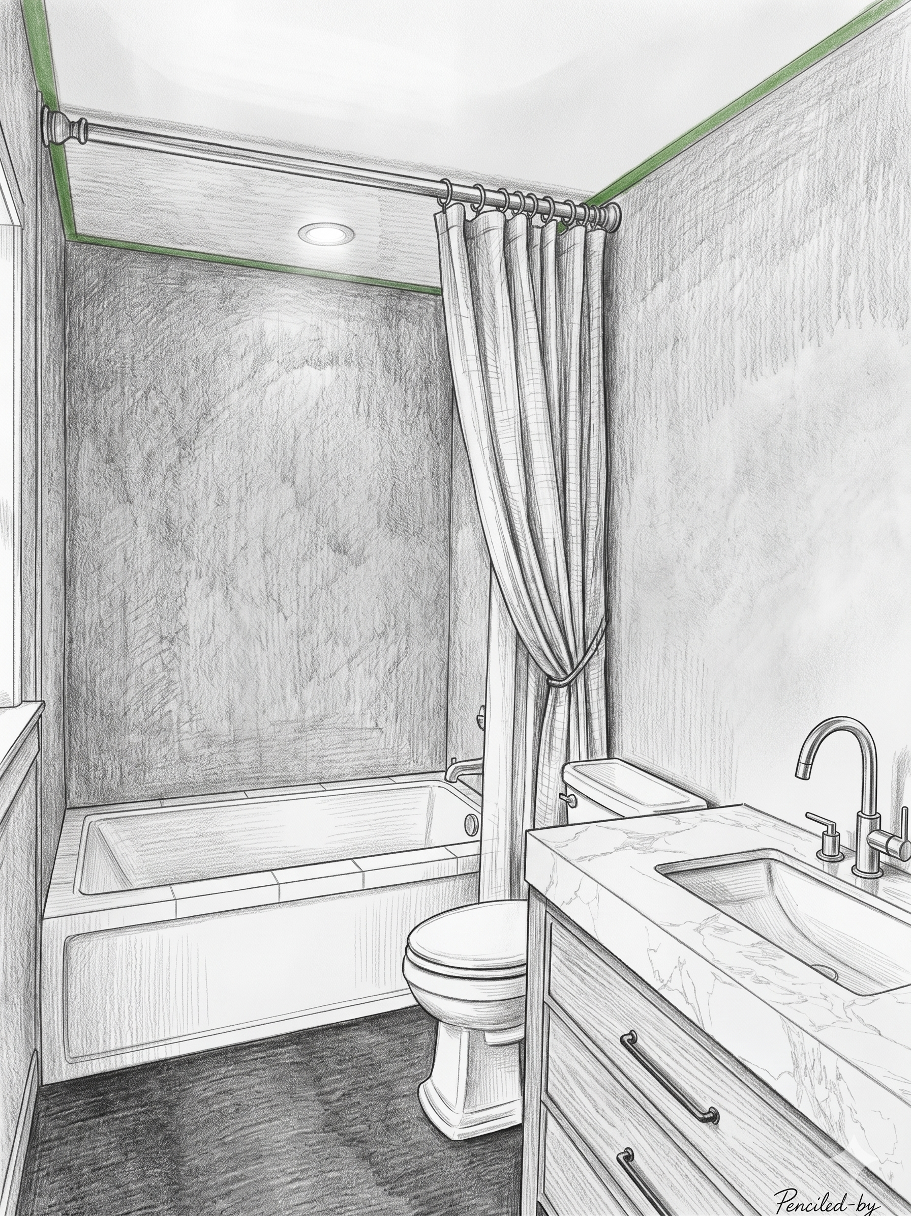 Small bathroom with bathtub, toilet, sink, and a shower curtain in a black-and-white sketch.