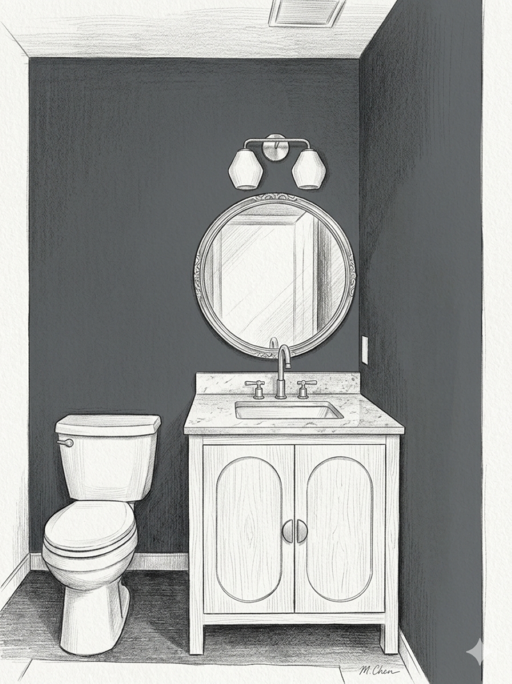 Small bathroom with toilet, vanity sink, round mirror, and dark walls.