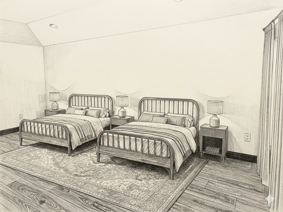 Two twin beds in a sketch-style bedroom with nightstands, lamps, rug, and wood floor.