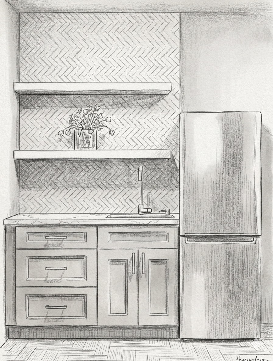 Sketch of a modern kitchen with cabinets, shelves, sink, and refrigerator on the right
