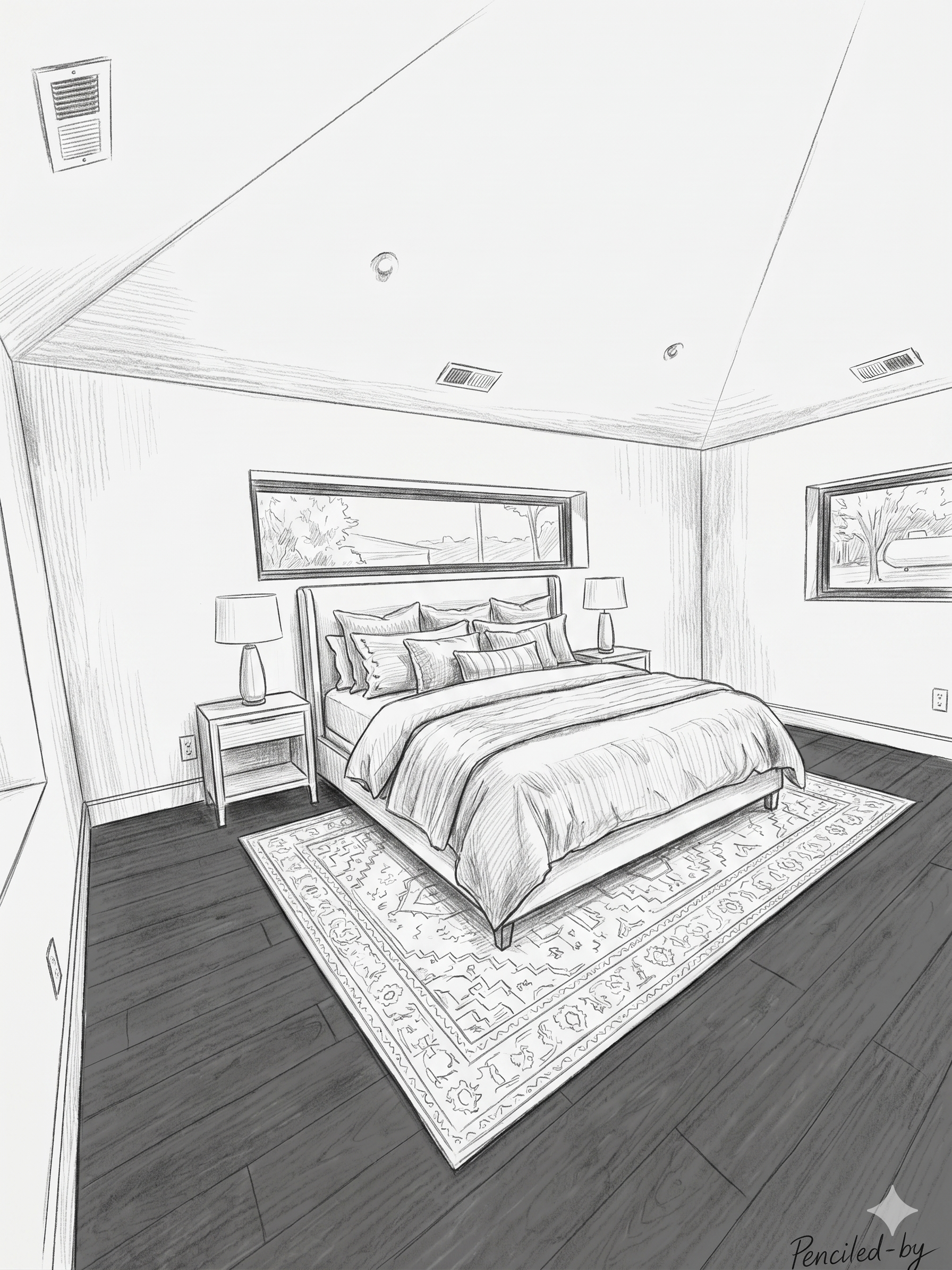 Bright bedroom with a neatly made bed, patterned rug, nightstands, and wall art
