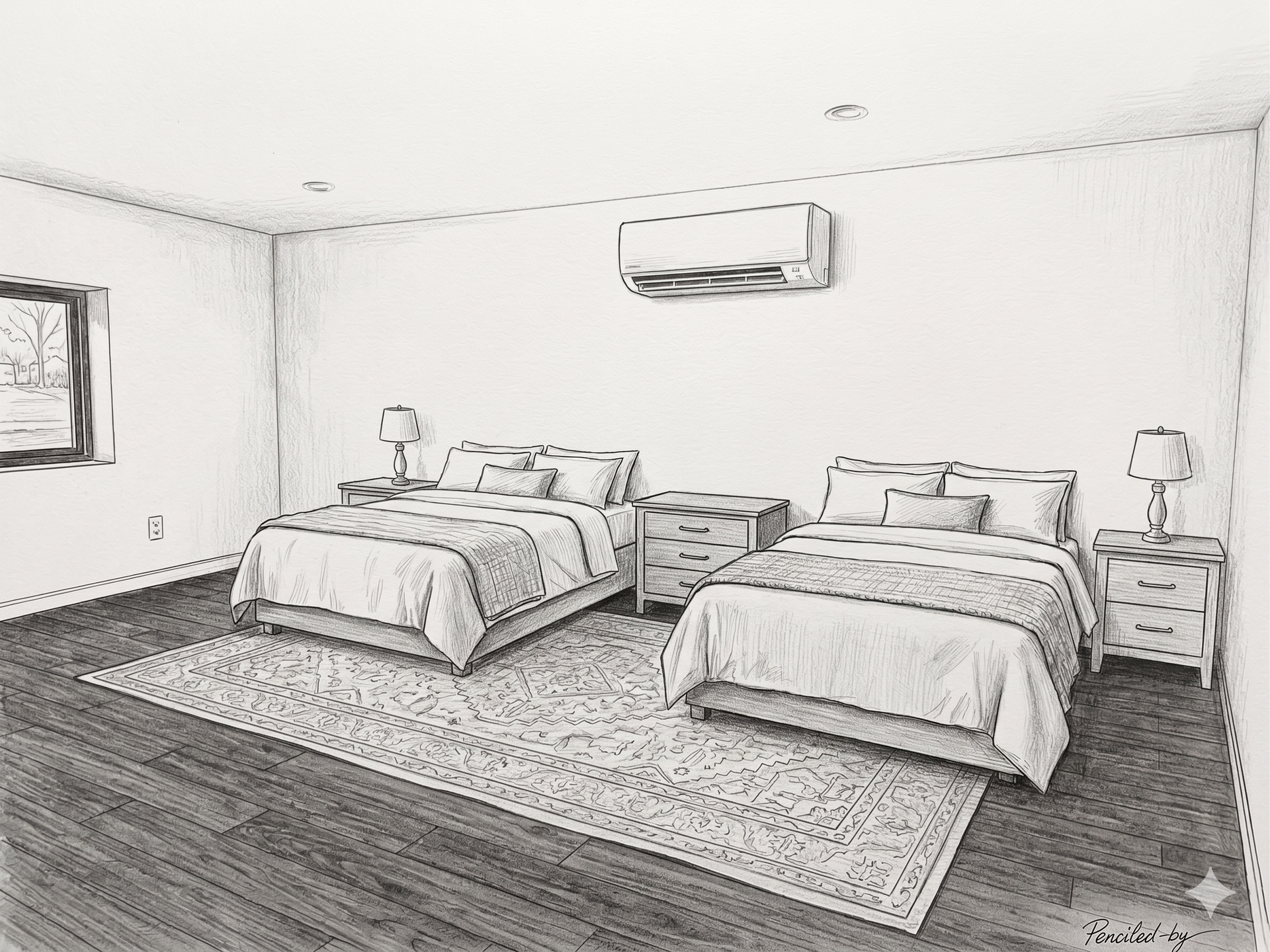 Spacious bedroom with two twin beds, nightstands, lamps, wall art, and an air conditioner.
