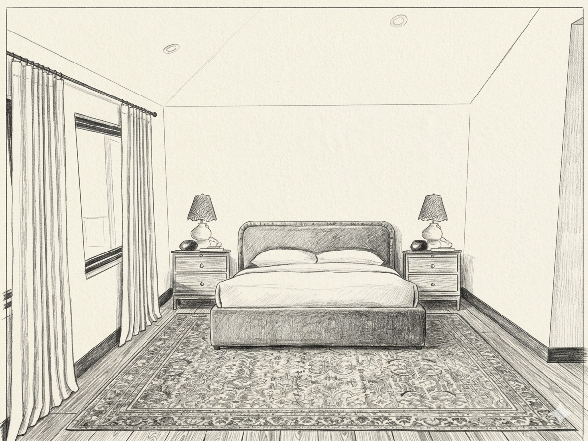 Sketch of a cozy bedroom with a bed, two nightstands, lamps, and a patterned rug.