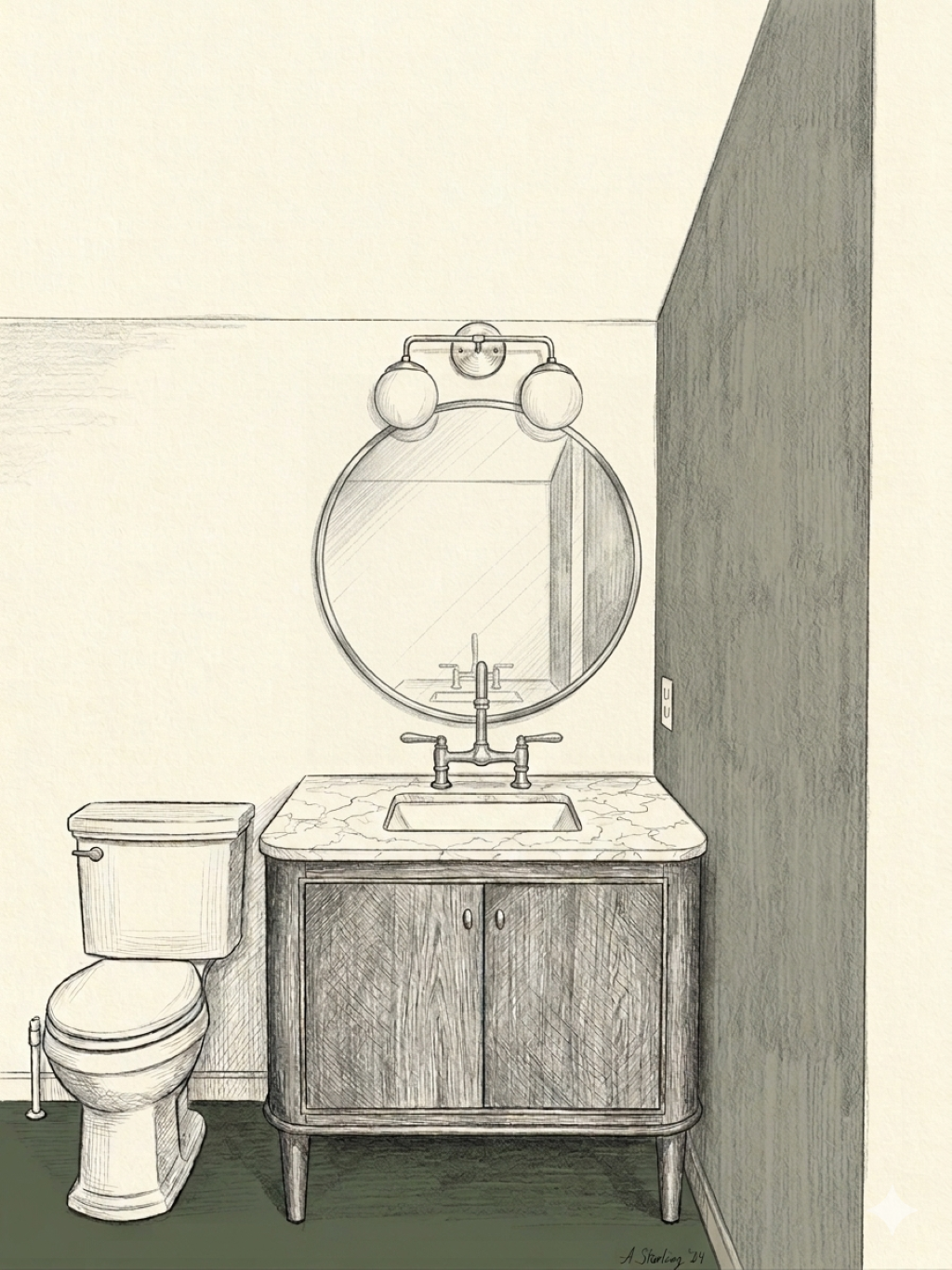 Bathroom sketch with toilet and sink vanity beside a large round mirror in a corner.