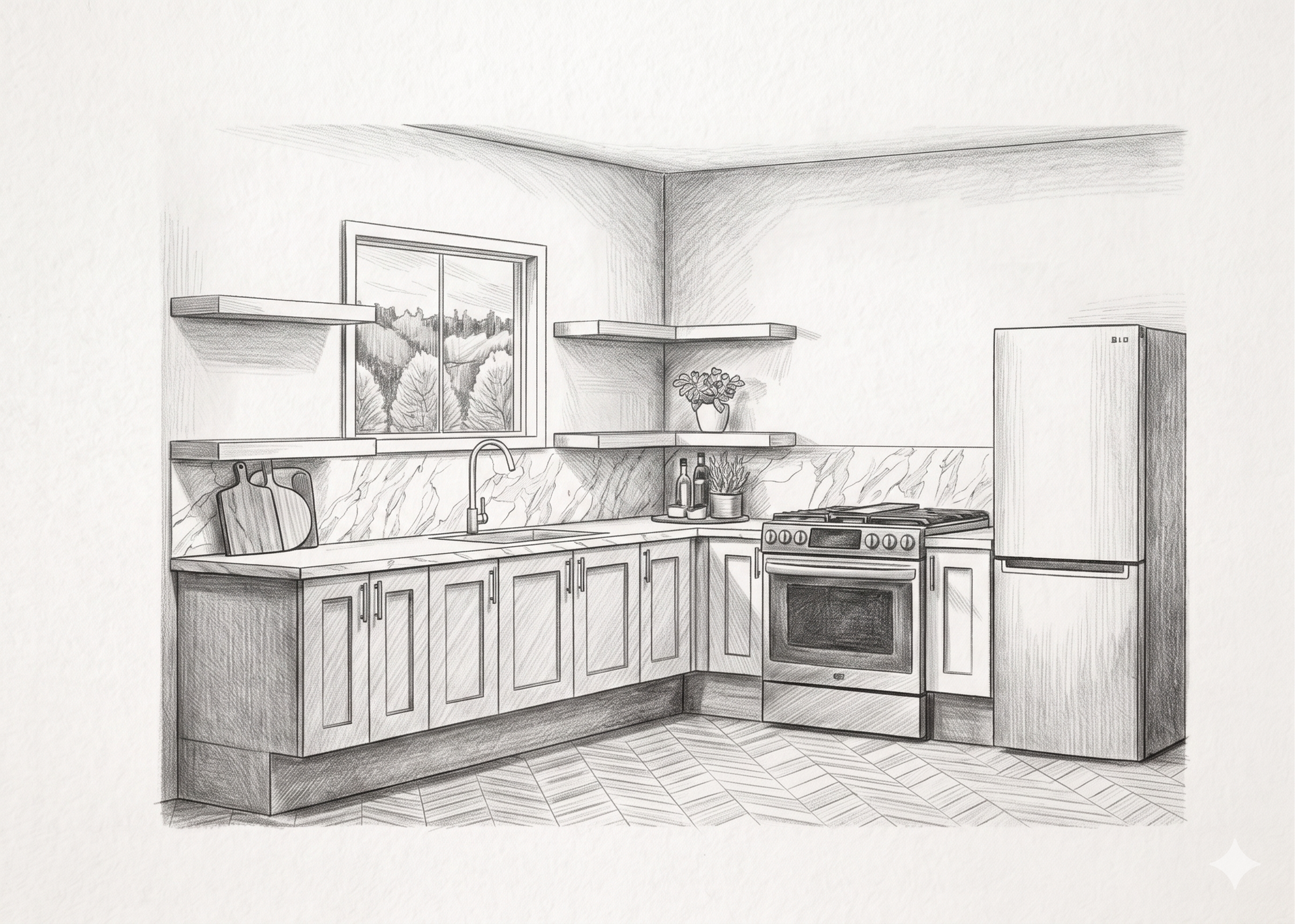 Pencil sketch of a kitchen with cabinets, countertop, stove, sink, and refrigerator
