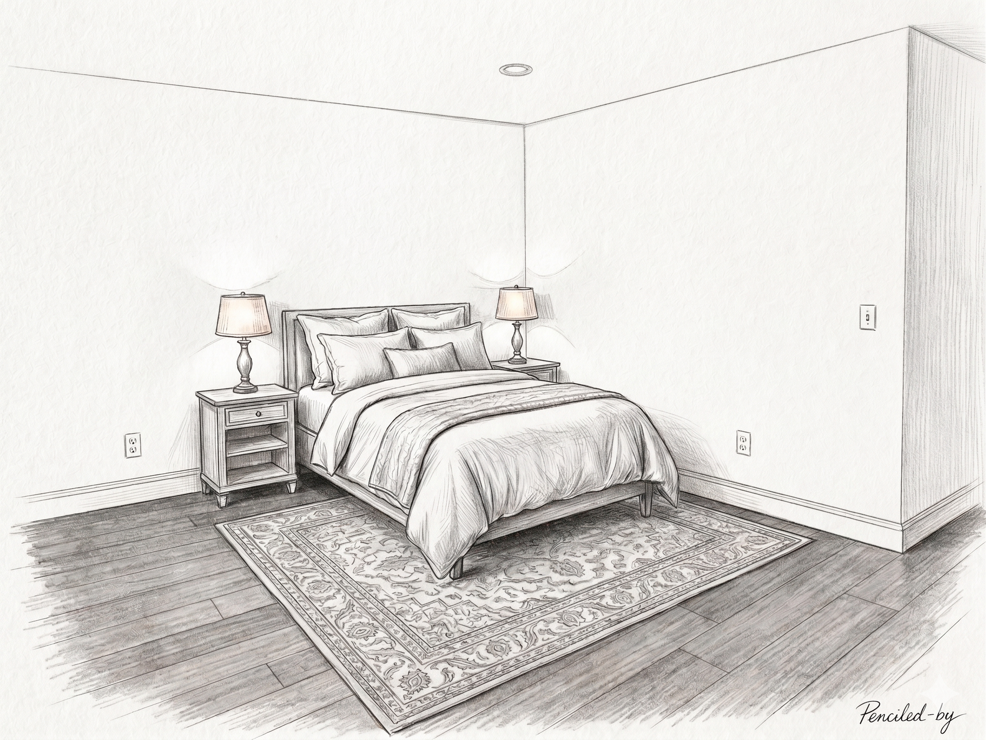 A sketch of a cozy bedroom with a bed, two bedside lamps, a rug, and hardwood floors.