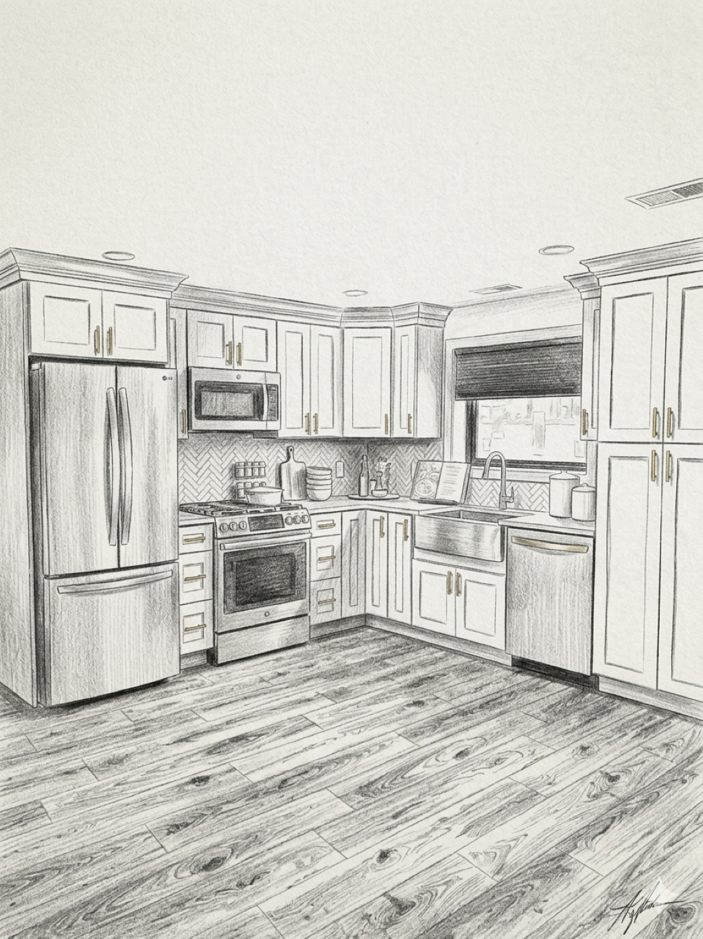 Bright sketch of a modern kitchen with stainless appliances, white cabinets, and wood flooring