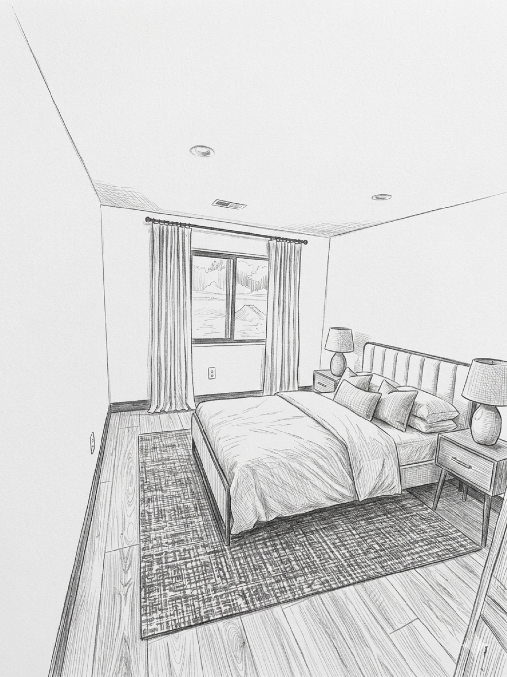 Sketch of a modern bedroom with a bed, window, curtains, rug, and bedside lamp.
