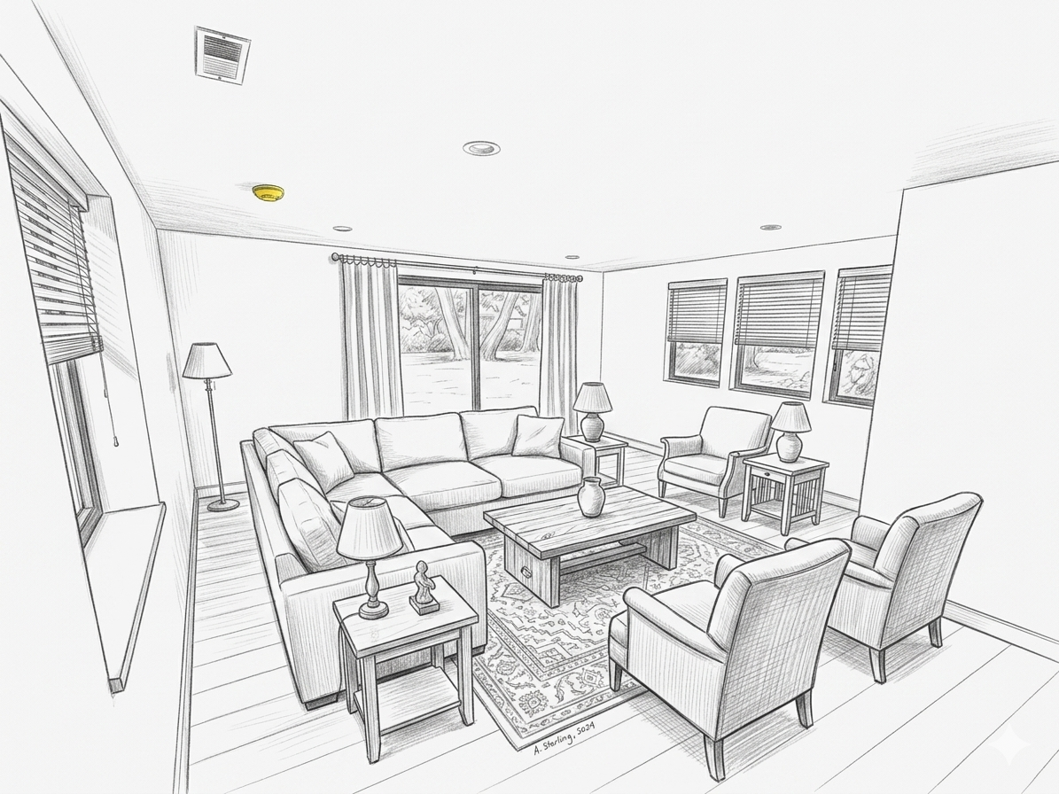 Sketch-style living room with sofas, chairs, coffee table, lamp, window, and wall art